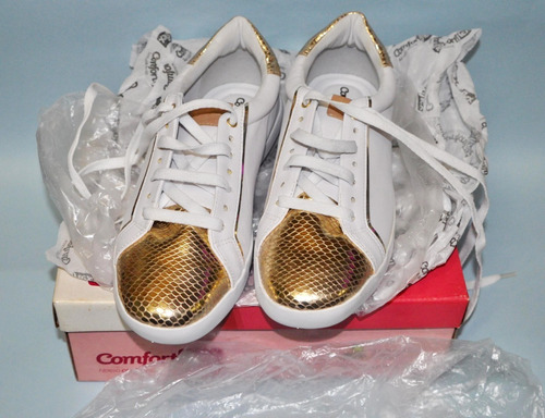 Imagem 7 de 10 de Comfortflex Tênis Nº 37 Branco E Dourado Novo