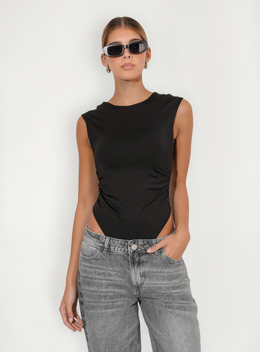 Body Mujer Manga Japonesa Frunce Microfibra Negro Negro Lisa M