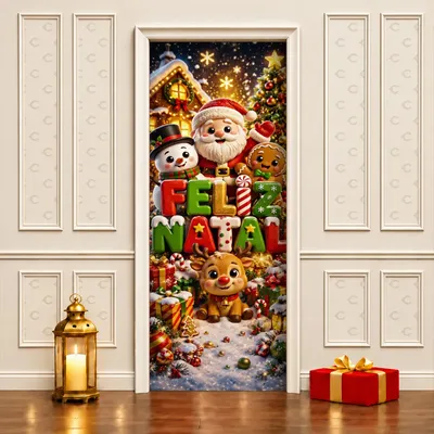 Capa de Porta Natal Decoração Feliz Natal Papai Noel Fofo Enfeite de Porta de Entrada Capa Em Tecido Elástico 0,80x2,10m