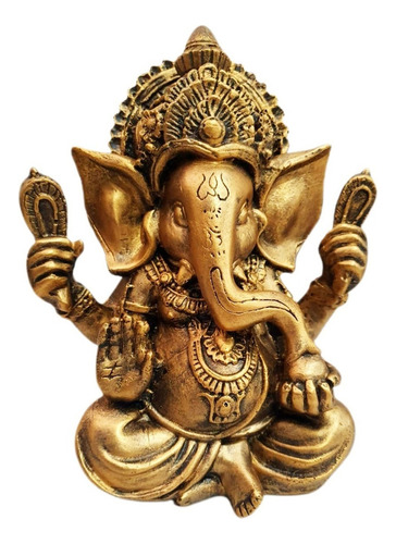 Estátua Ganesha Híndu Sorte Prosperidade Sabedoria Resina Cor Dourado