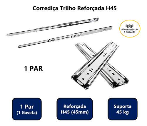 Par De Corrediça Telescópica 35cm Reforçada 45kgs O Par Cor Prateado