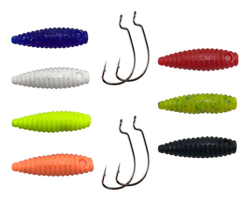 Kit 7pçs Isca Artificial Charutinho Maluco+4pçs Anzol Offset