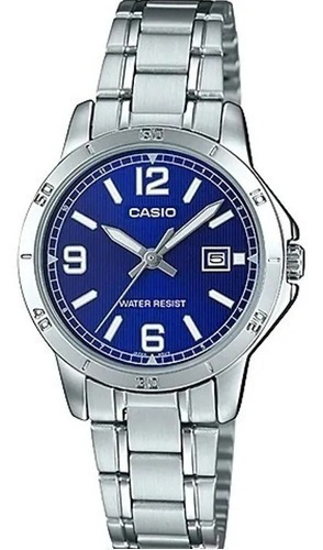 Reloj Casio Dama Ltp V004d Acero Inoxidable Fechador Azul Color de la correa Plateado Color del bisel Plateado Color del fondo Azul LTP-V004D-2B