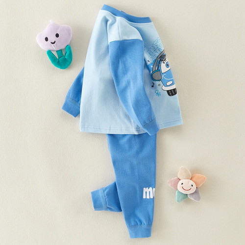 2 Piezas Traje Infantil De Algodón De Manga Larga Estampado Azul Acero Huella Animal 9-12 Meses