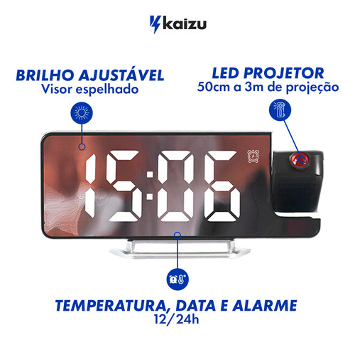 Relogio Alarme Led Minimalista Projetor Espelhado Inteligente Teto Quarto Cabeceira Kaizu