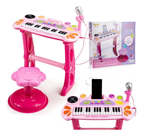 Organeta Piano Teclado Mp3 Para Niña, Color Rosa Con Silla 