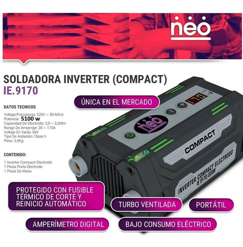 Imagen 2 de 7 de Soldadora Inverter Digital Neo Mma 170 Amp Electrodo