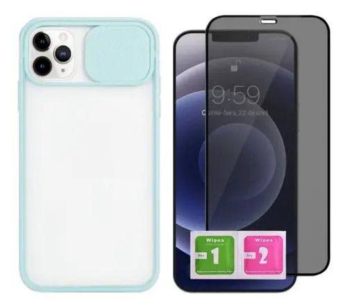 Capa Proteção Câmera para iPhone 12 Pro + Película Privacidade 3D na Cor Verde-água