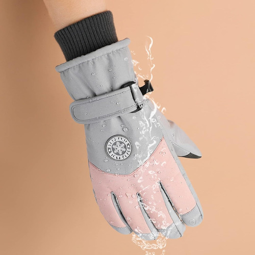 Guantes Mujer/adolescente Térmicos Nieve Esqui O Snowboard Gris Claro Y Rosa Geométrico S/m