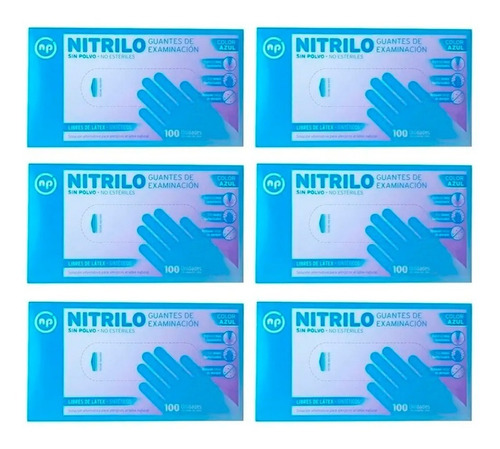 6 Guantes De Nitrilo Color Azul Descartables X 100 Unidades