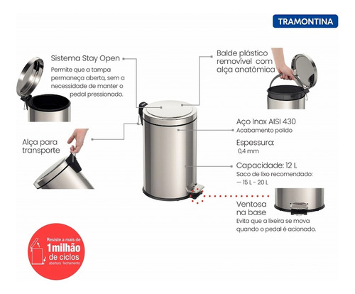 Lixeira Inox Polido Com Pedal 20 Lt Linha Brasil Tramontina