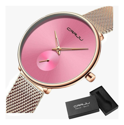 Relógios de quartzo simples com pulseira de malha Crrju 2165 fundo rosa rosa