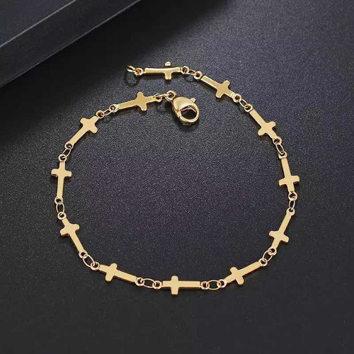 Pulsera Cruz Esclava Acero Oro 18k Manilla Oro Laminado