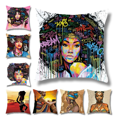 8 Fundas De Cojín, Estampado De Mujer Africana, 45x45 Cm.