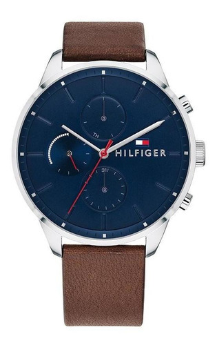 Reloj Tommy Hilfiger Chase 1791487 Original Para Hombre Caja Color de la correa Marrón Color del bisel Plateado Color del fondo Azul