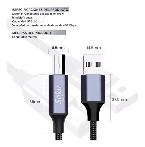 Cable Impresora Usb 2 Metros Compatibl Hp Epson Multifuncion