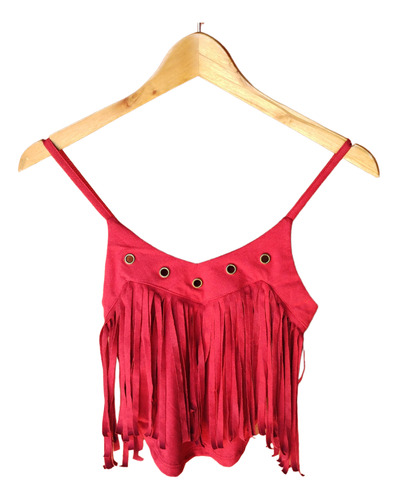 Top Rojo Gamuzado Flecos Mujer 