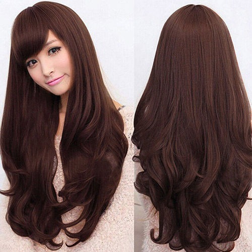 Peluca Aspecto Natural Marron 65 Cm Semi Ondulada Castaño
