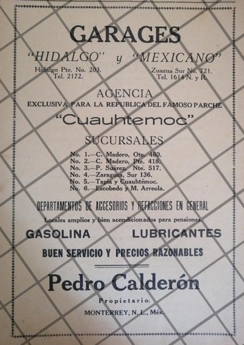 Afiche Retro Garages Pedro Calderon 1929 Monterrey