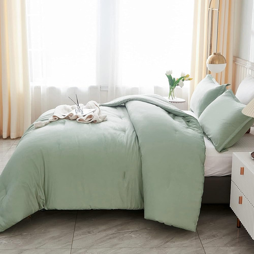 Litanika King Size Edredón Set Verde Salvia, 3 Piezas Boho B