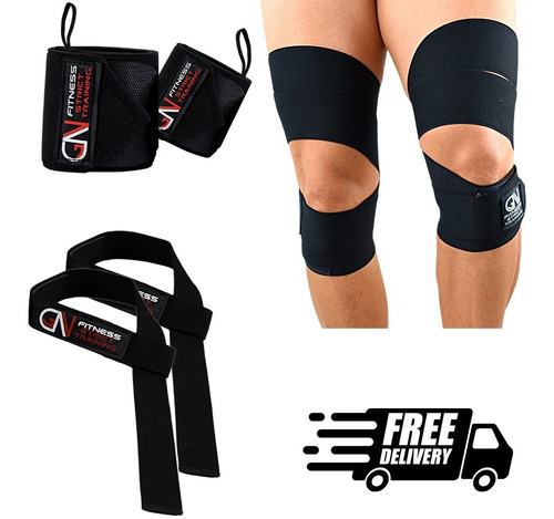 Vendas De Rodilla Knee Wraps + Muñequeras+ Straps Gratis Gym