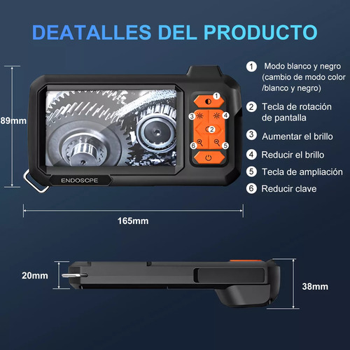 Cámara Endoscopio Industrial Boroscopio 1080p 4.3'' Hd 5m Impermeable - Ideal Para Inspección Automotriz, Tuberías Y Reparaciones Domésticas Con Accesorios Incluidos (gancho, Imán)