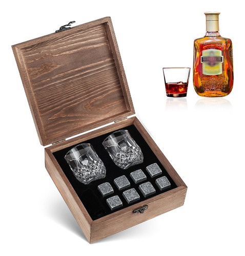 Set Whiskey Stone, 2 Tazas, Caja De Madera, 8 Tartas