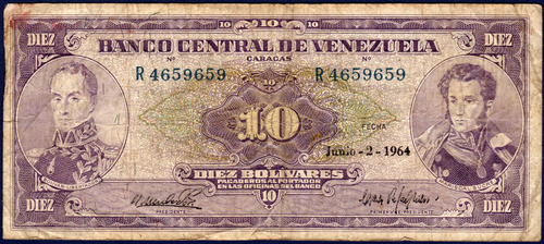 Billete 10 Bolívares R7 Junio 2 1964 Simón Bolívar Y Sucre