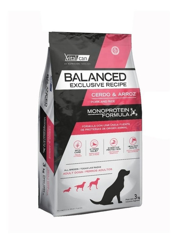 Alimento Vitalcan Balanced Exclusive Recipe para perro adulto todos los tamaños sabor cerdo y arroz en bolsa de 3kg