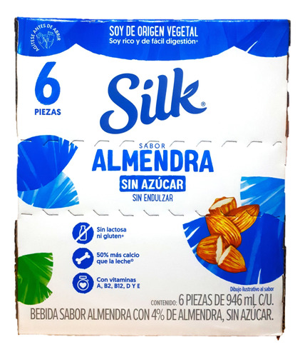 Silk Bebida De Almendra Sin Azucar 6 Piezas De 946 Ml C/u