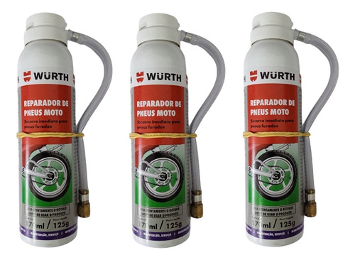 3 Pçs Enche E Tapa Furo Reparador Pneus De Moto 170ml Wurth