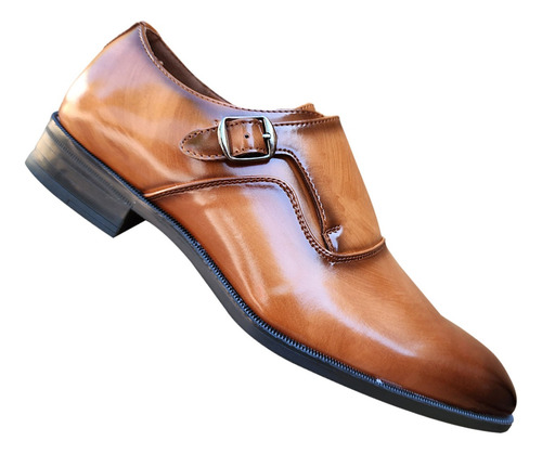 Zapato Formal De Vestir Hombre Con Hebilla Charol Camel 7421