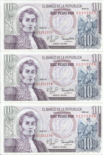 Colombia Trío Números Consecutivos,10 Pesos 7 Agosto 1980 Az