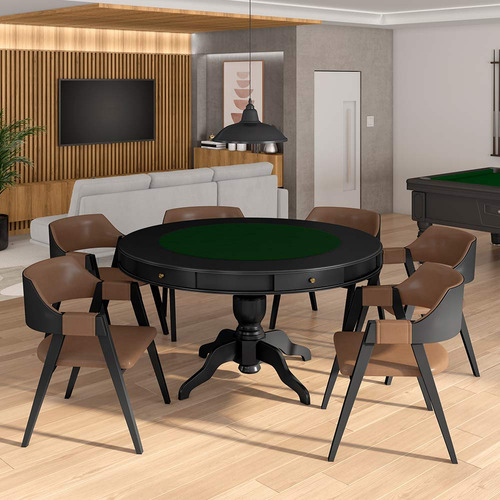 Mesa De Jogos Bellagio E 6 Cadeiras Poker Pu Caramelo/preto Pano Preto