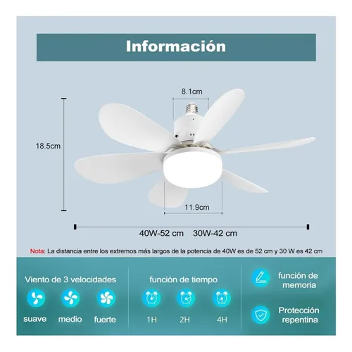 Ampolleta Ventilador E27 Control Remoto Aspas Blanco/colores