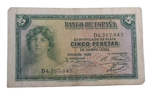 Billete España 5 Pesetas Certificado De Plata Año 1935