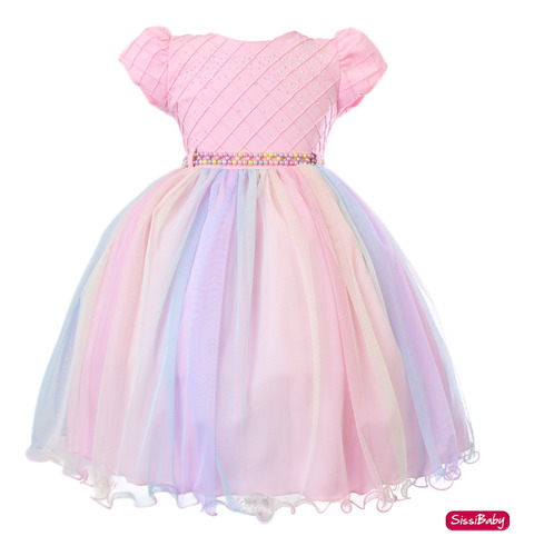 Vestido Infantil Unicórnio Rosa Arco Íris Princesa Realeza