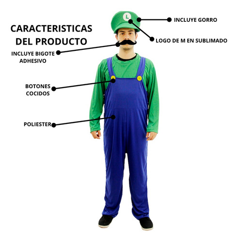 Imagen 3 de 8 de Disfraz De Luigi De Mario Bros Con Bigote Adulto