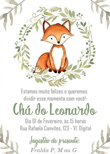 Convite Chá De Fraldas Criança Bebê Nenê - Animais Raposa
