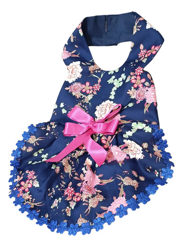 Vestido De Fiesta Tela Azul Estampada Para Mascotas Talla M