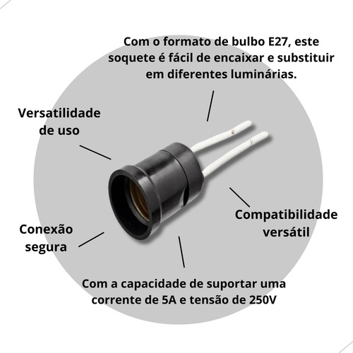 10 Bocal Soquete E27 Com Rabicho Cabo Fio Porta Lâmpada