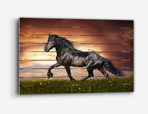 Cuadro De Madera Caballo Negro Al Atardecer 60x90cm