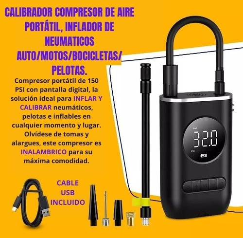Compresor De Aire Portátil, Inflador De Neumaticos/inflables Negro 60 Hz Monofásica
