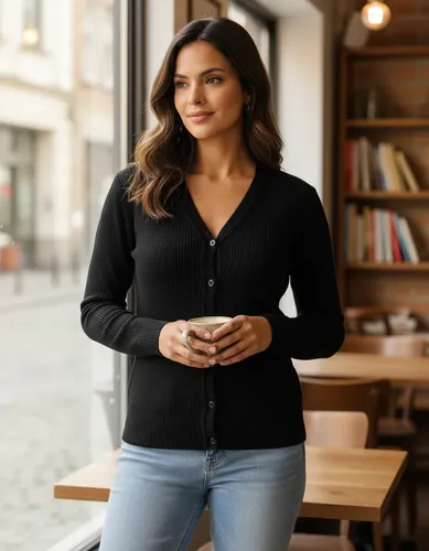 Blusa De Frio Tricot Cardigan Suéter Lã Casaco Com Botão Preto Único