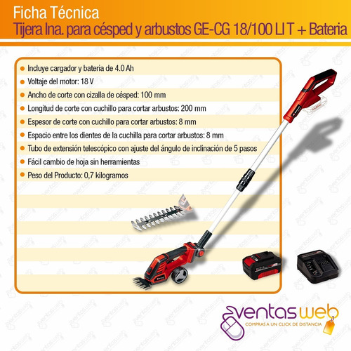 Imagen 8 de 9 de Cortacerco Bordeadora Tijera Inalambrica Einhell Bateria Gde