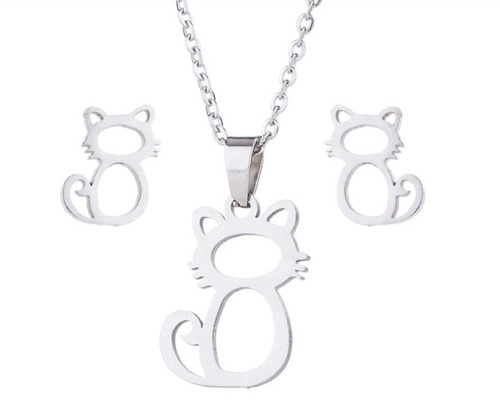 Set: Collar + Aretes Gato Cat Silueta Acero Inoxidable Calid