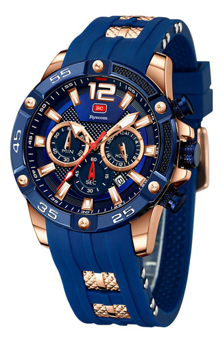 Reloj Para Hombre Marca Ryscom Sub Esferas Minutos Segundos Correa De Silicona Caja De Acero Inoxidble Mancillas Luminosas Verde Por La Noche Deportivo 3atm Calendario Azul Con Dorado