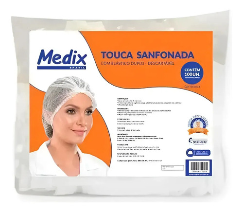Touca Descartável Tnt Sanfonada C/ Elástico Medix 100un Cor Branco