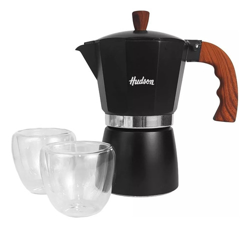 Cafetera Hudson Negra + 2 Tazas Vidrio Termicas Original