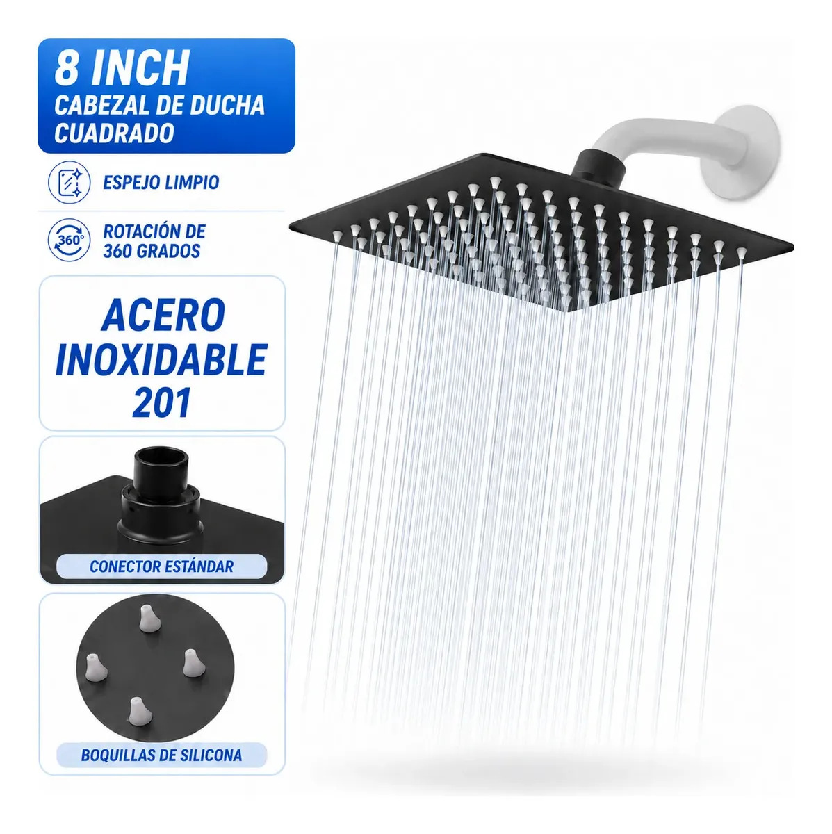 Imagen de Regadera De Baño Cuadrada 20cm Tipo Lluvia Alta Presión De Acero Inoxidable Color Negro